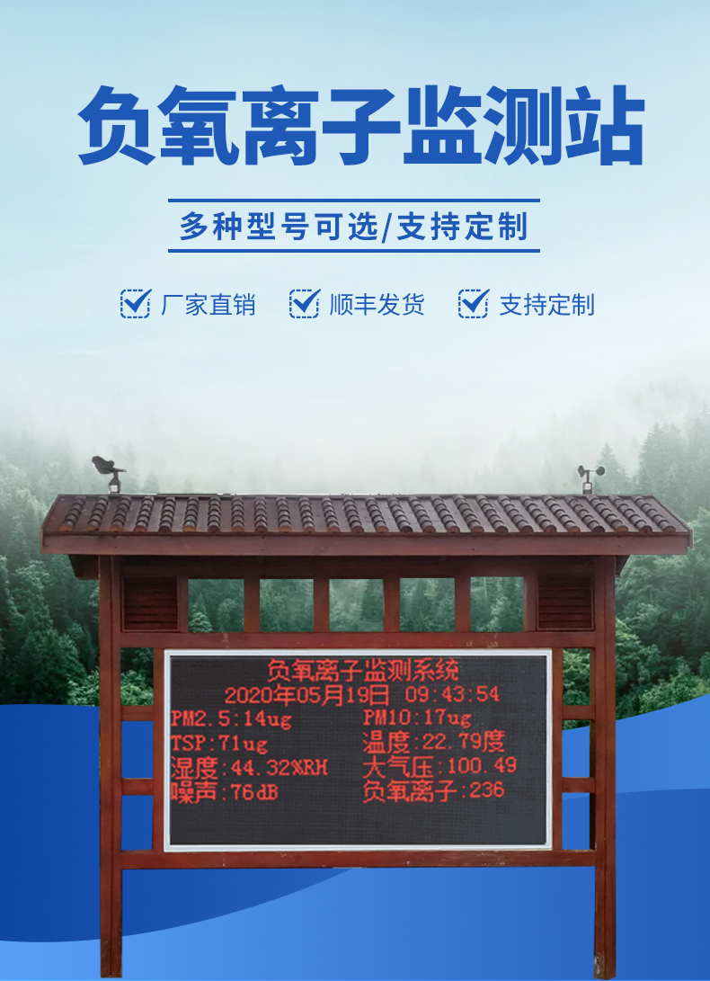 景區(qū)大屏負氧離子監(jiān)測站-實時顯示監(jiān)測數(shù)據(jù)，將負氧離子可視化